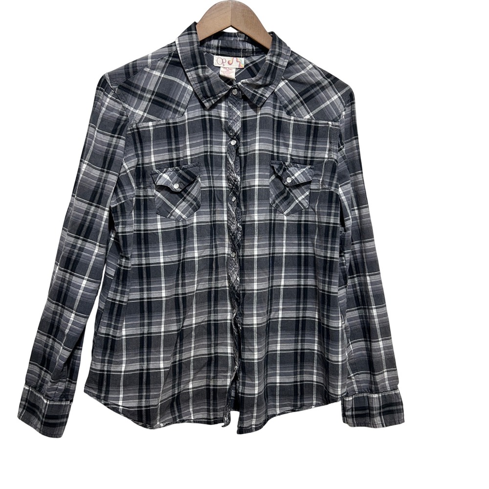 OP Women Plaid Western Shirt XXL Gray Snap Button Y2K Grunge‎ Western Ranchcore